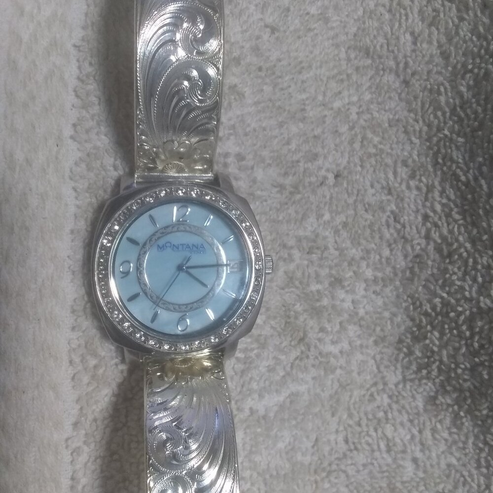 Montana Silversmiths Watch Blue Dial Crystal Silver Flower Band Date New Bat !!